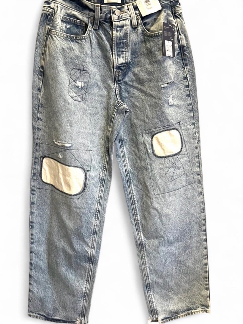 90s Retro Baggy Blue Denim Jeans with Patches, Distressed Light Wash Size 4R